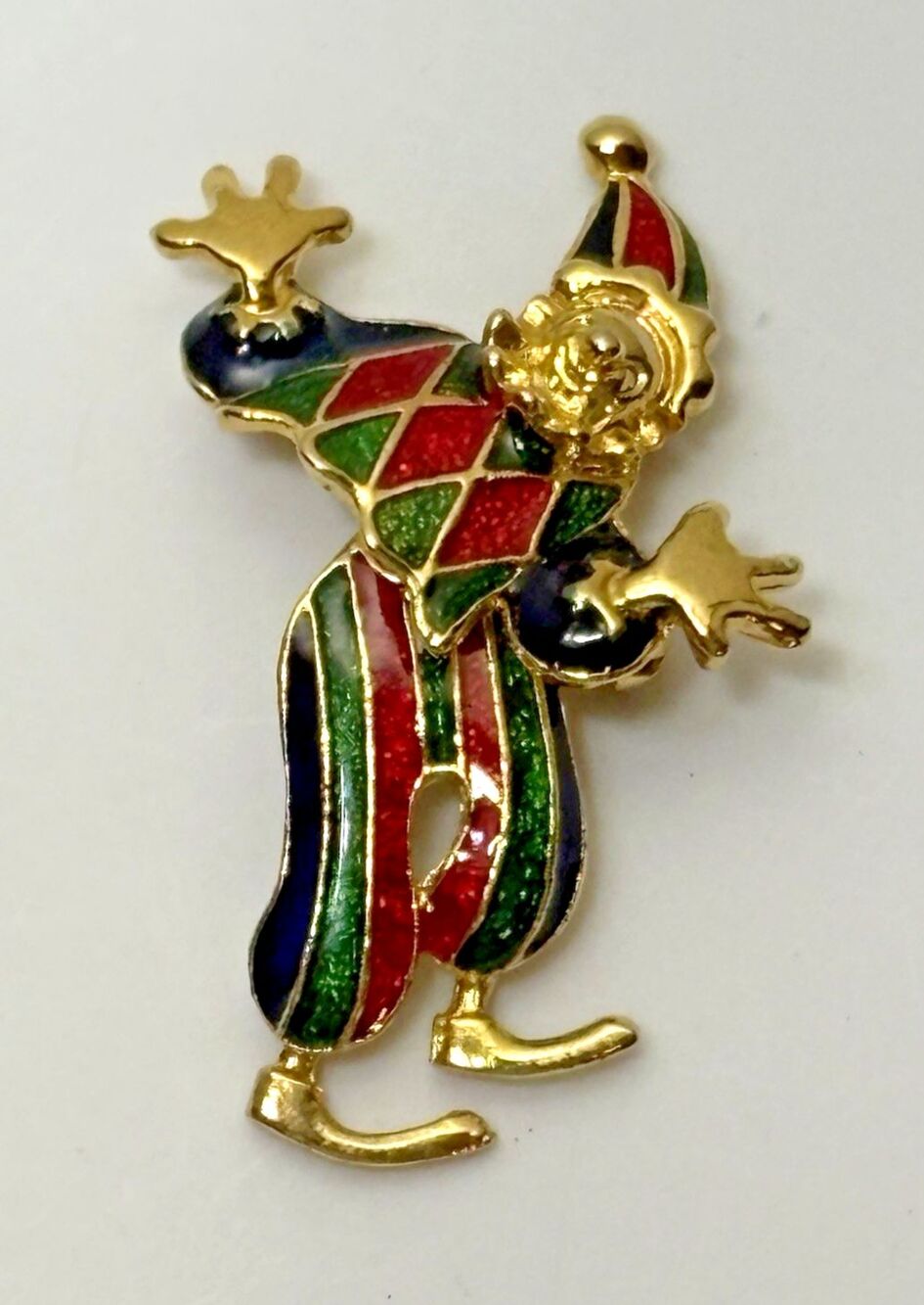 Vintage Articulated Red Green & Purple Enamel Clown Brooch Gold Tone
